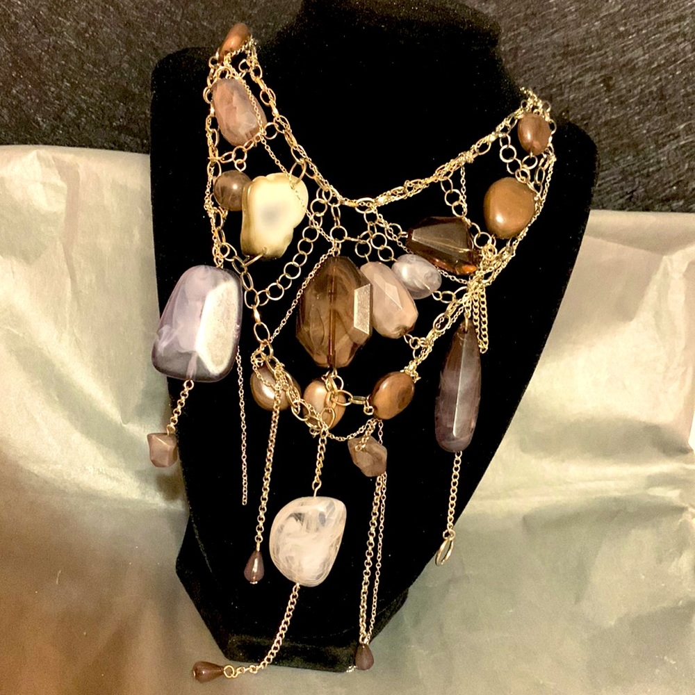 Tan and Gray Bead Necklace on Silver Chain